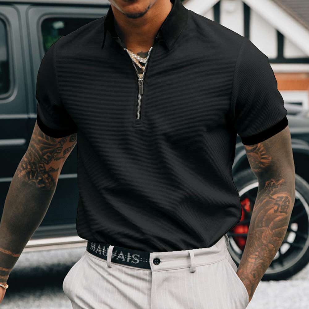 Men's Solid Color Zipper Lapel Polo T-Shirt