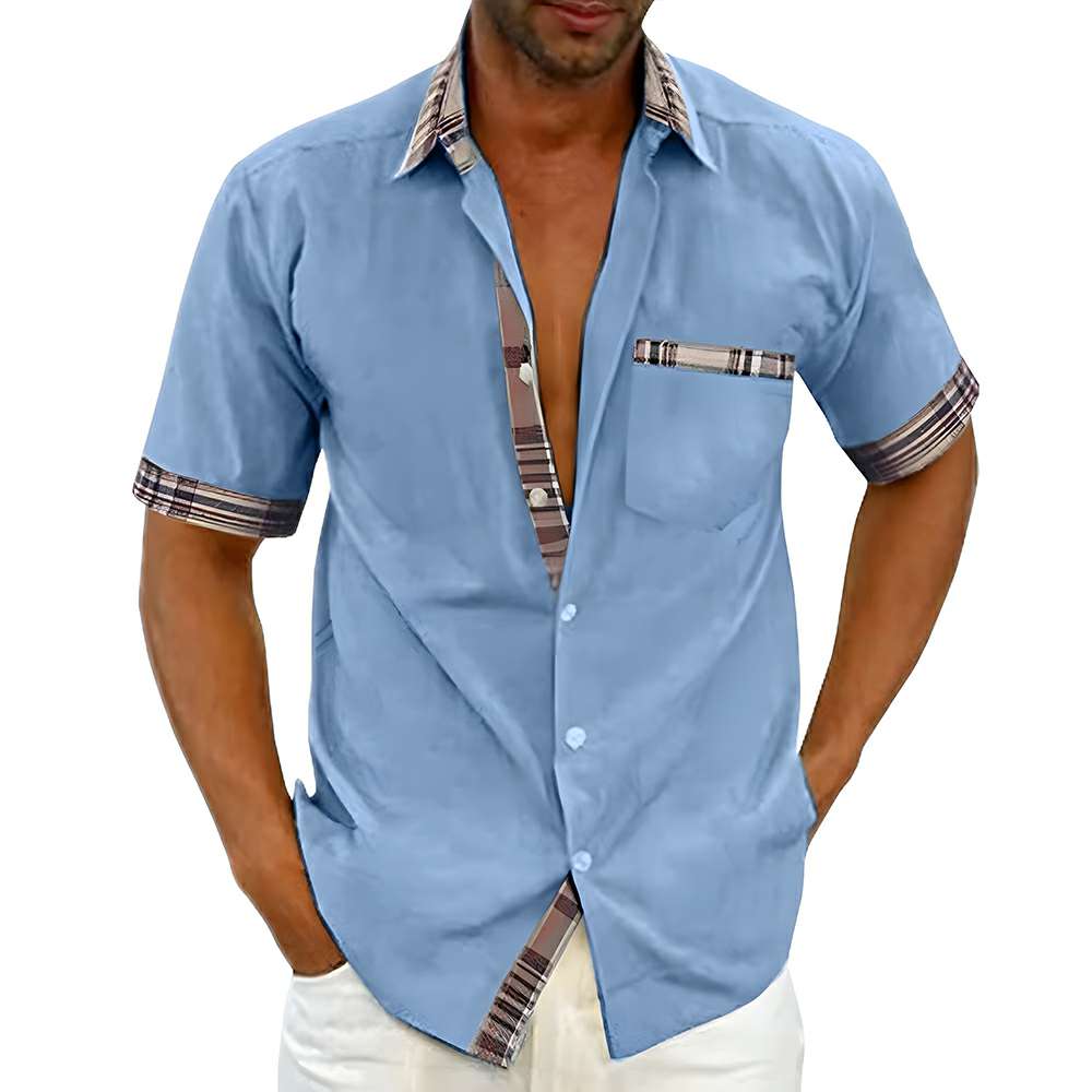 New summer men's solid color casual plaid shirt New summer men's solid color casual plaid shirt