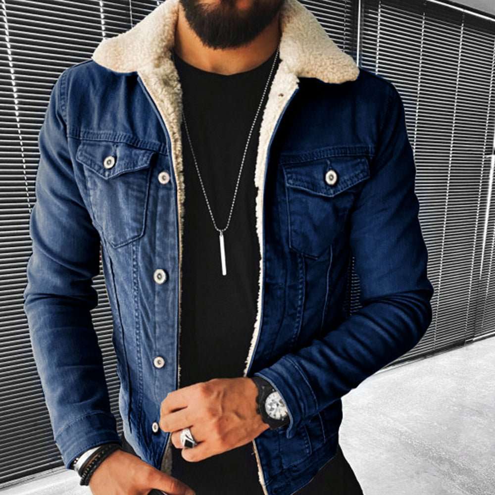 New winter lambswool style thickened denim jacket for men