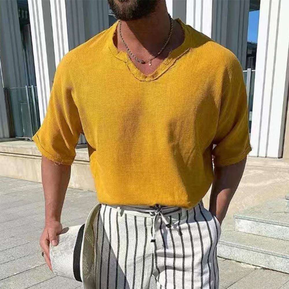 Summer new men's solid color V-neck cotton and linen short sleeves Summer new men's solid color V-neck cotton and linen short sleeves