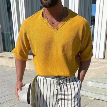 Summer new men's solid color V-neck cotton and linen short sleeves