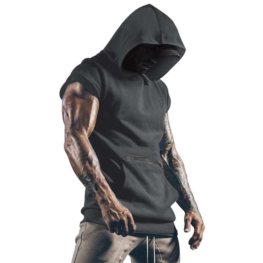 Men's Sleeveless Sports Vest Outdoor Fitness Solid Color Hoodie
