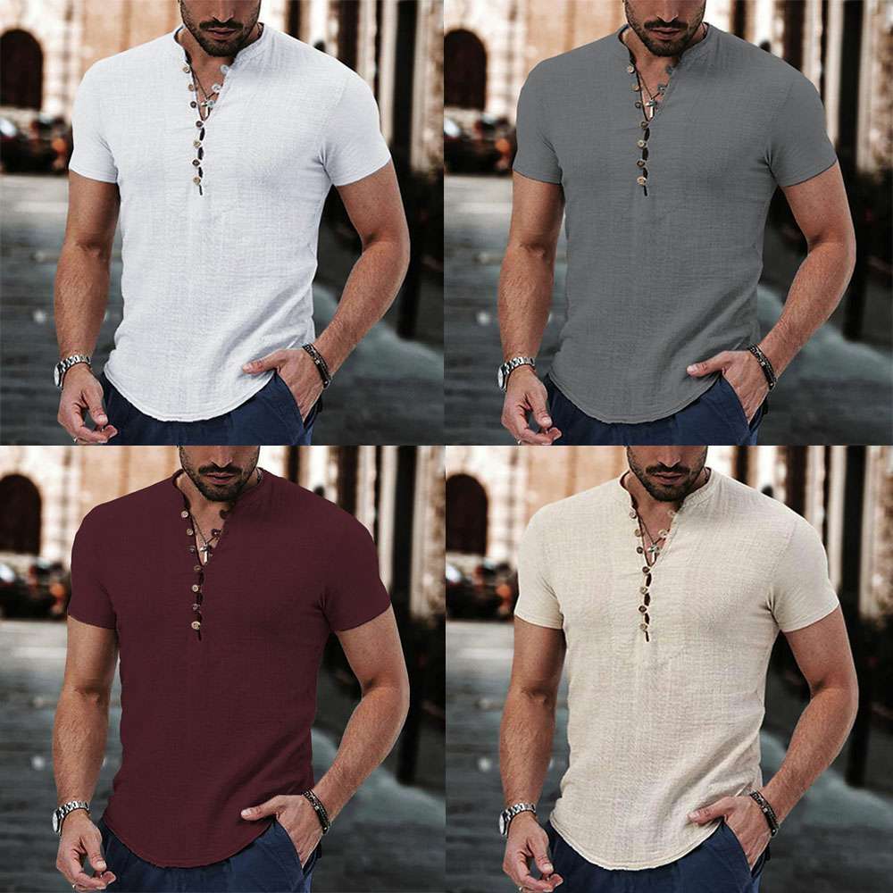Summer Men's Breathable Linen V-Neck Button Short Sleeve Shirt Summer Men's Breathable Linen V-Neck Button Short Sleeve Shirt