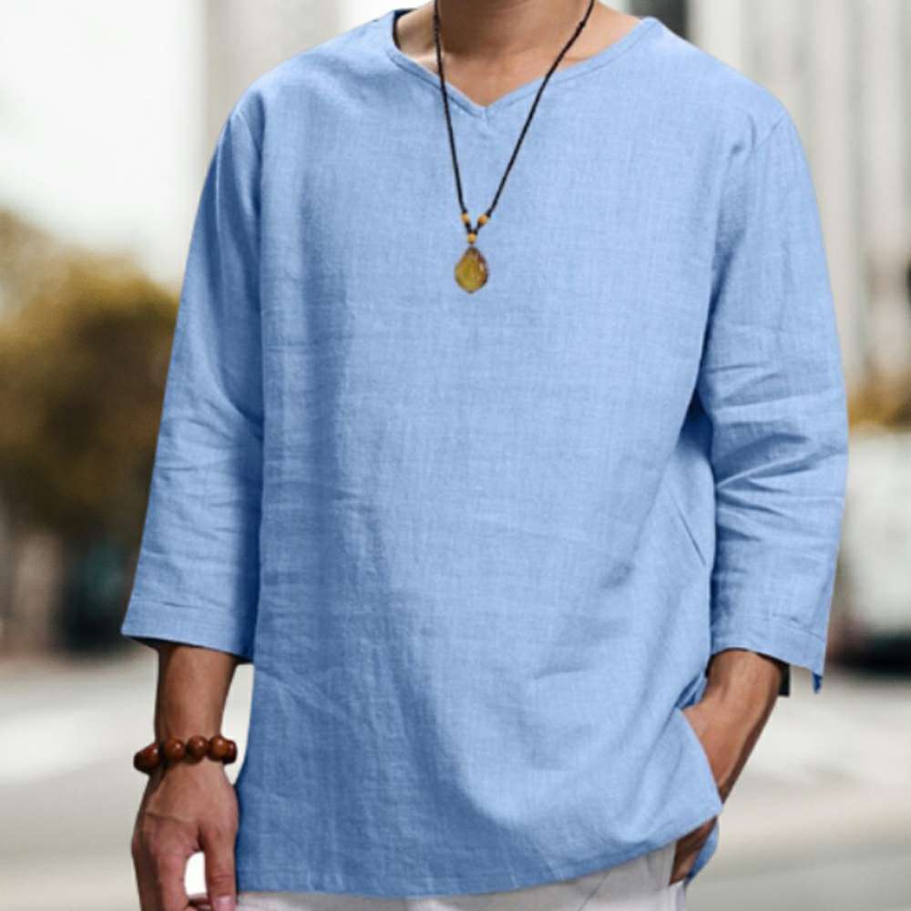 Men's new cotton and linen V-neck long-sleeved loose shirt Men's new cotton and linen V-neck long-sleeved loose shirt