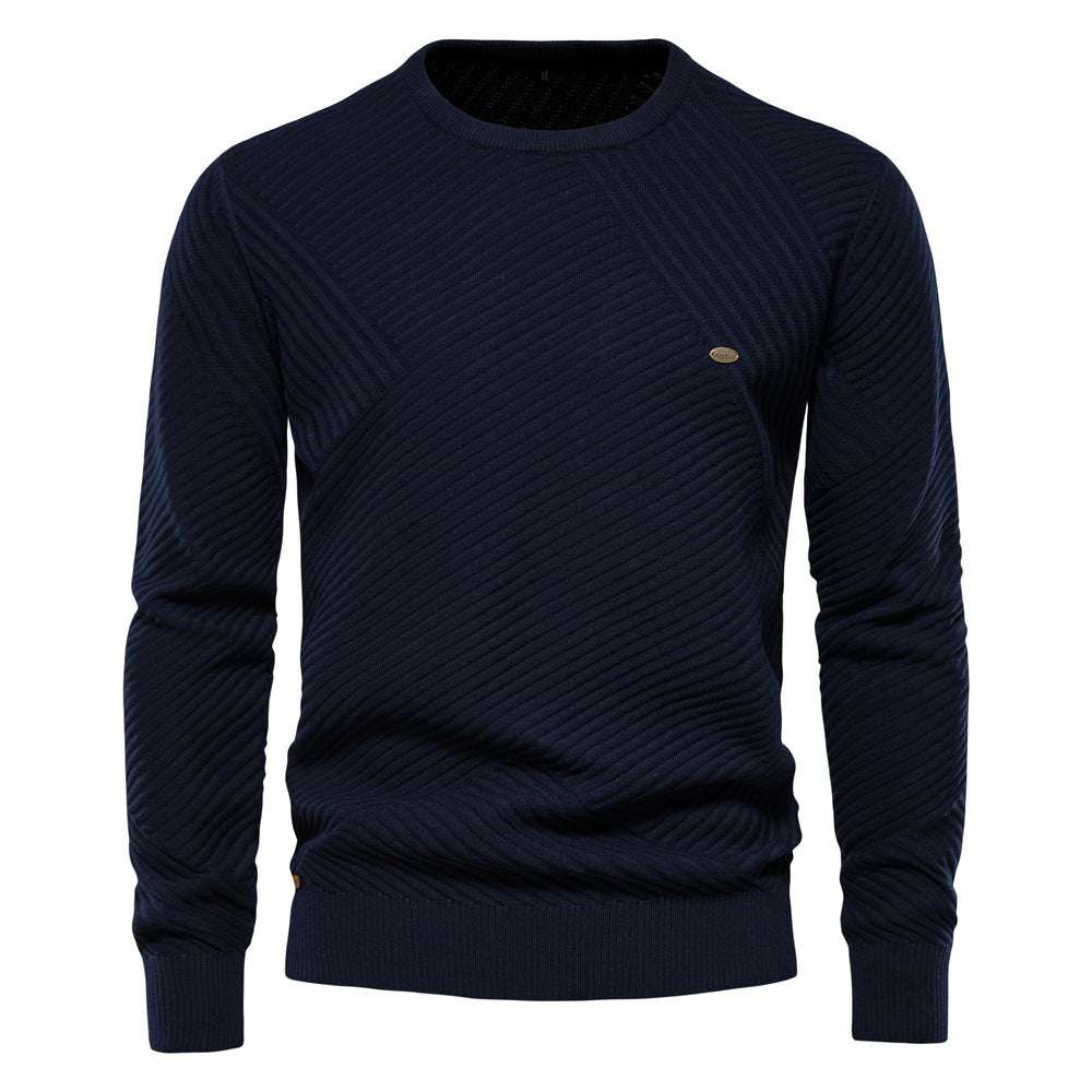 Autumn and winter new men's solid color striped pullover sweater