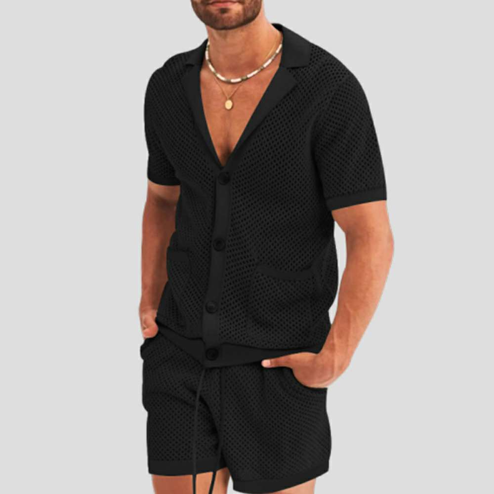 Summer new men's hollow icy breathable casual thin short-sleeved shorts suit Summer new men's hollow icy breathable casual thin short-sleeved shorts suit