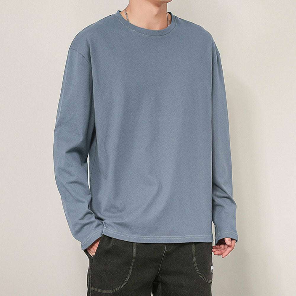 Men's basic solid color cotton round neck loose long-sleeved bottoming shirt