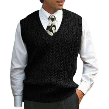 Men's cable plain color V-neck casual knitted vest