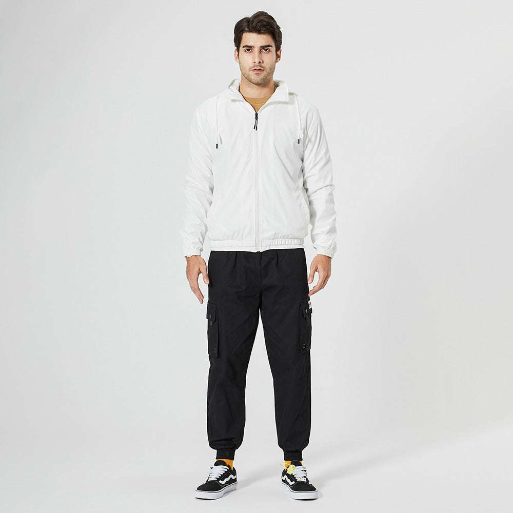 Men's Solid Color Stand Collar Hooded Jacket