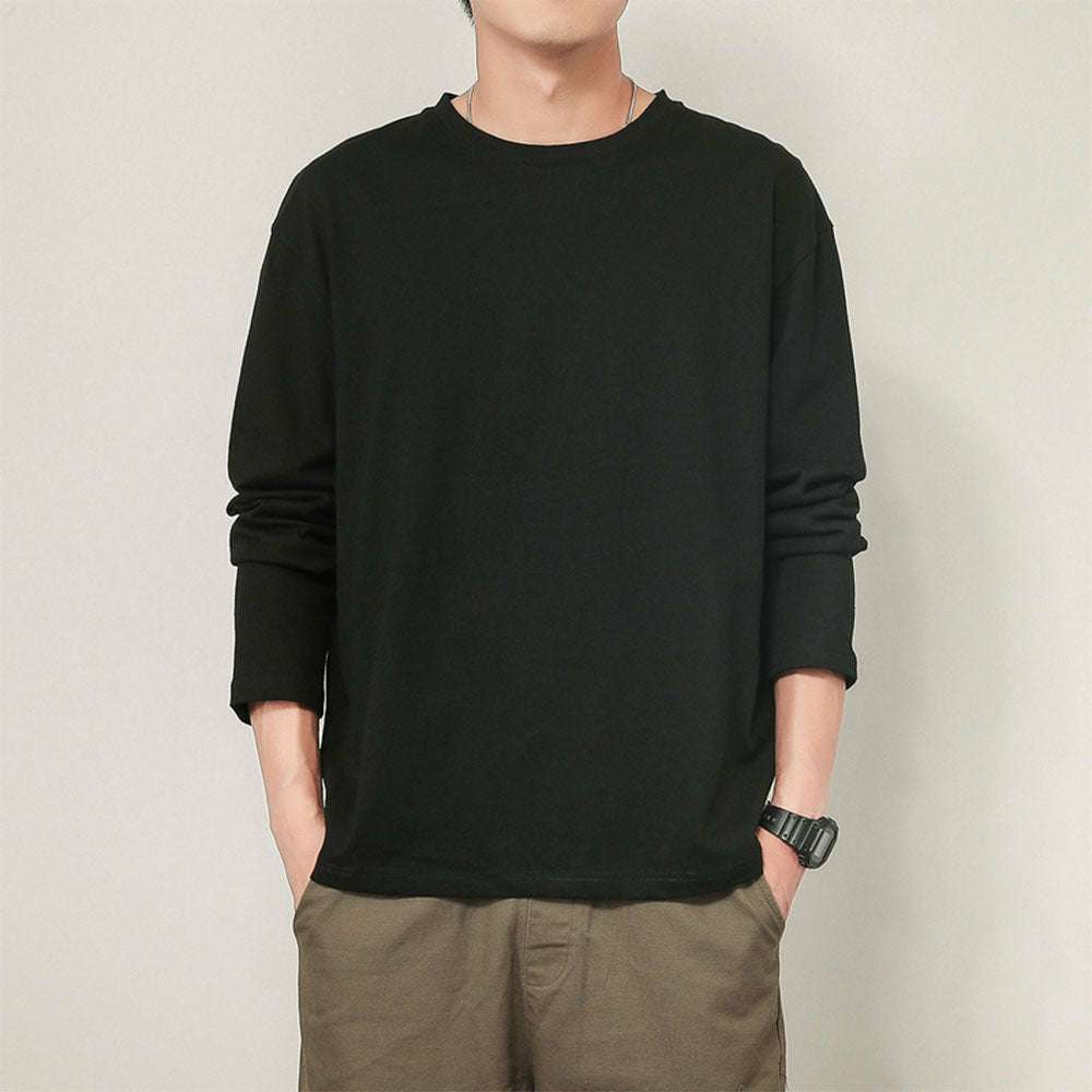 Men's basic solid color cotton round neck loose long-sleeved bottoming shirt