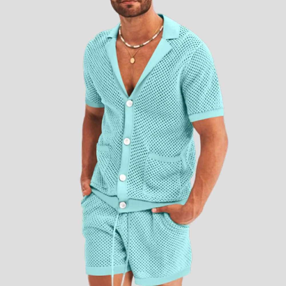 Summer new men's hollow icy breathable casual thin short-sleeved shorts suit Summer new men's hollow icy breathable casual thin short-sleeved shorts suit