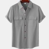 Solid color double pocket linen short sleeve shirt for men Solid color double pocket linen short sleeve shirt for men