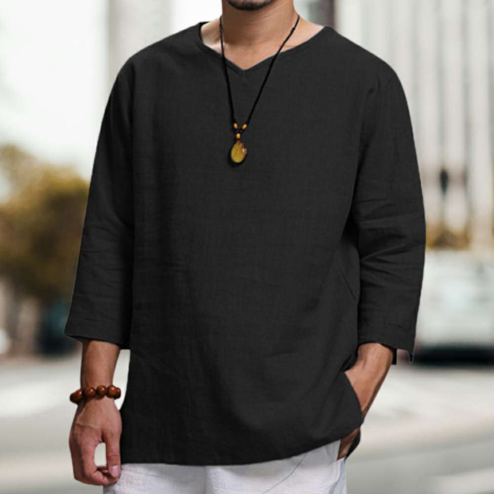 Men's new cotton and linen V-neck long-sleeved loose shirt Men's new cotton and linen V-neck long-sleeved loose shirt
