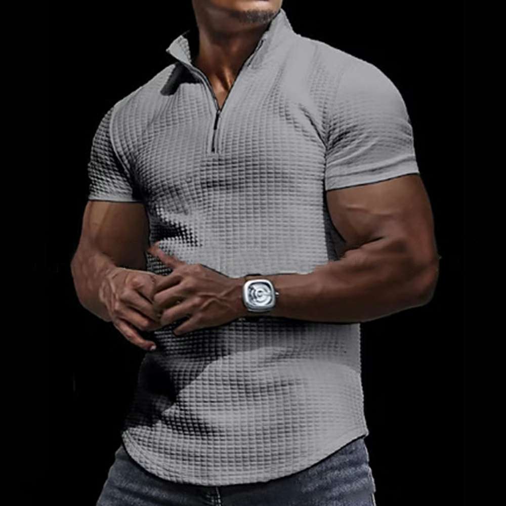 Men's Summer Breathable Solid Color Short Sleeve Zipper Waffle Polo Shirt P1104 Men's Summer Breathable Solid Color Short Sleeve Zipper Waffle Polo Shirt P1104