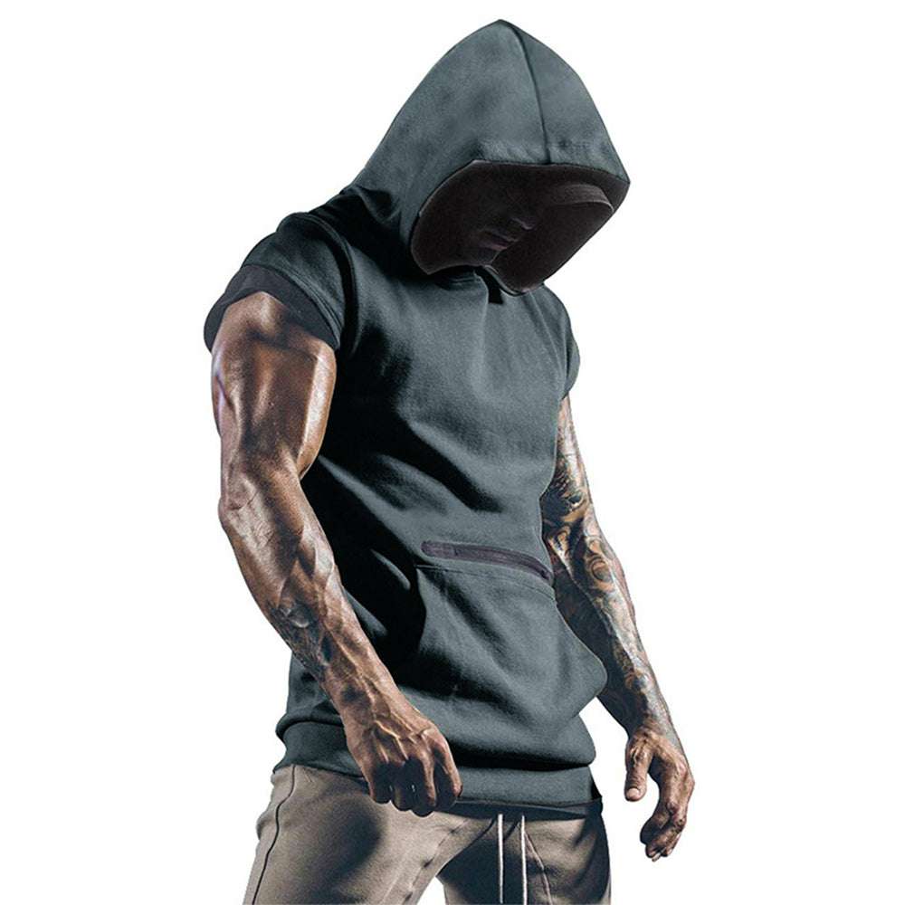Men's Sleeveless Sports Vest Outdoor Fitness Solid Color Hoodie