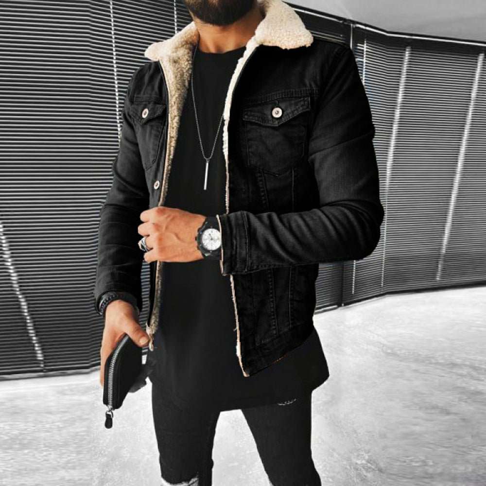 New winter lambswool style thickened denim jacket for men