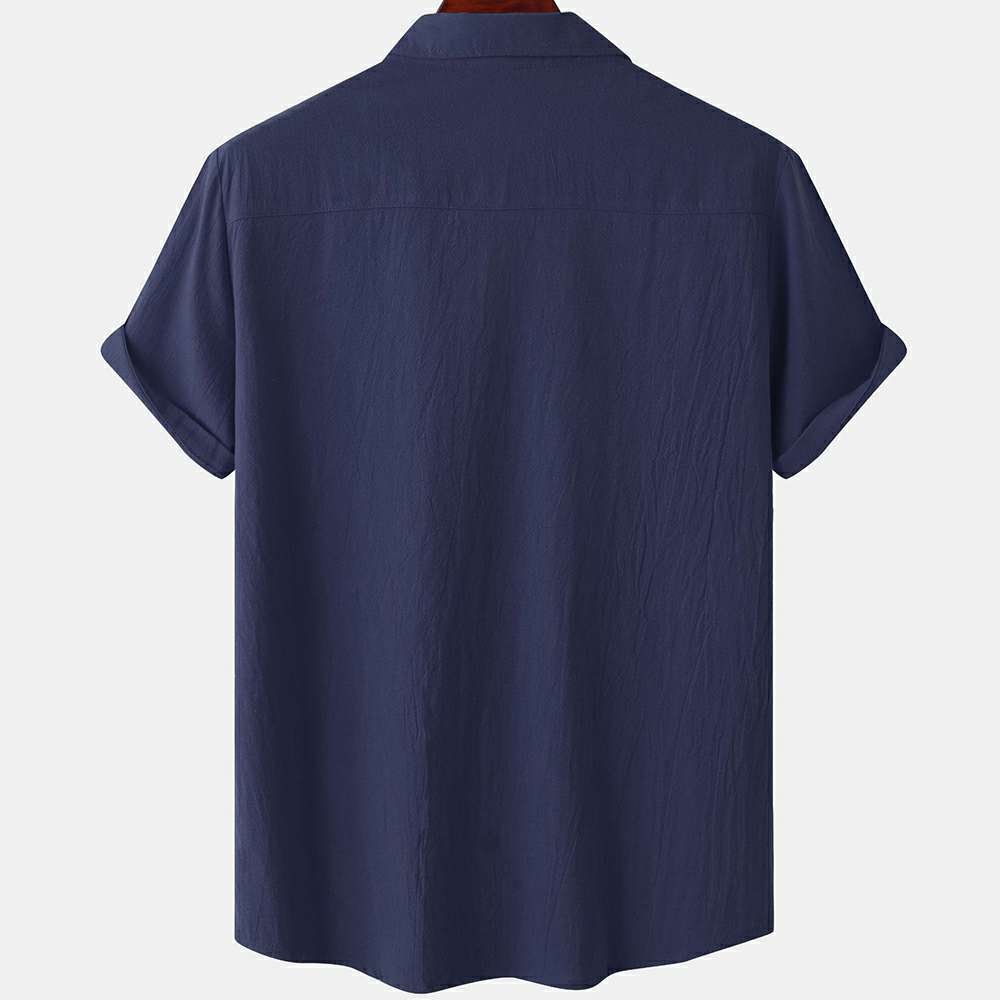 Solid color double pocket linen short sleeve shirt for men Solid color double pocket linen short sleeve shirt for men