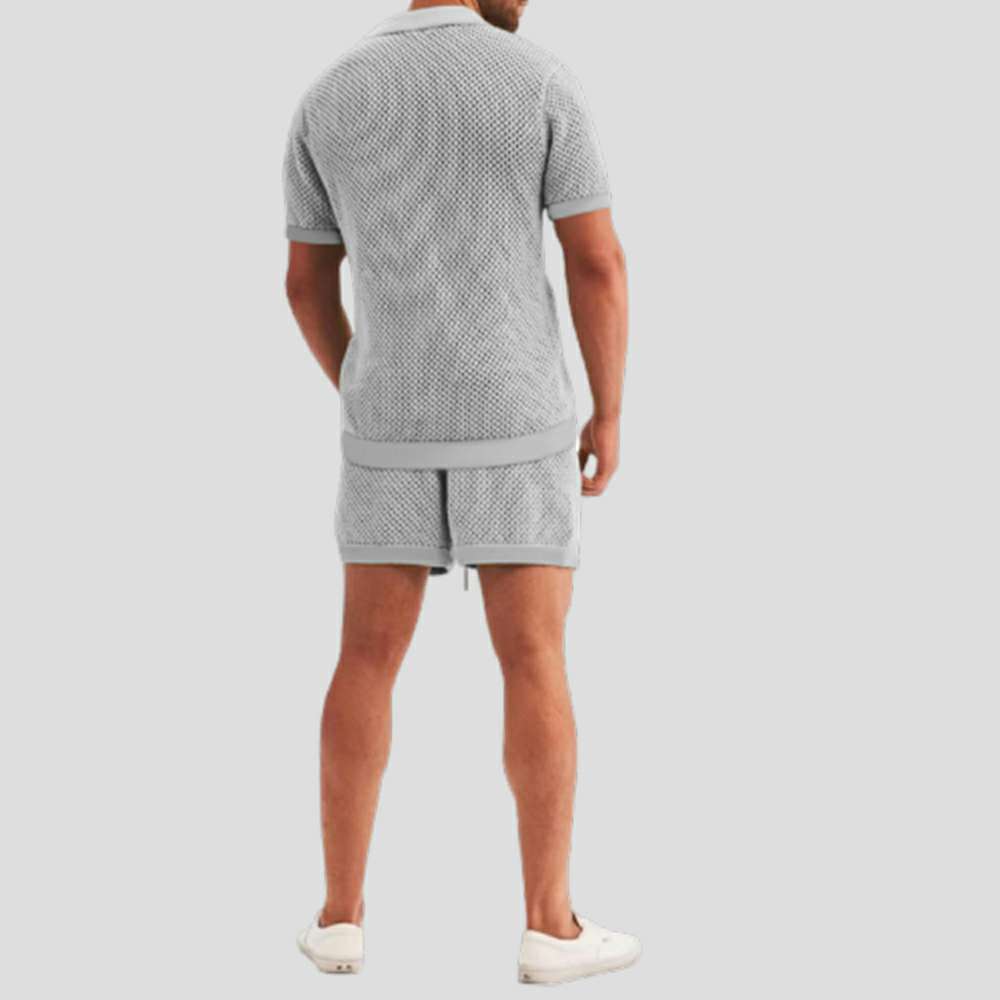 Summer new men's hollow icy breathable casual thin short-sleeved shorts suit Summer new men's hollow icy breathable casual thin short-sleeved shorts suit