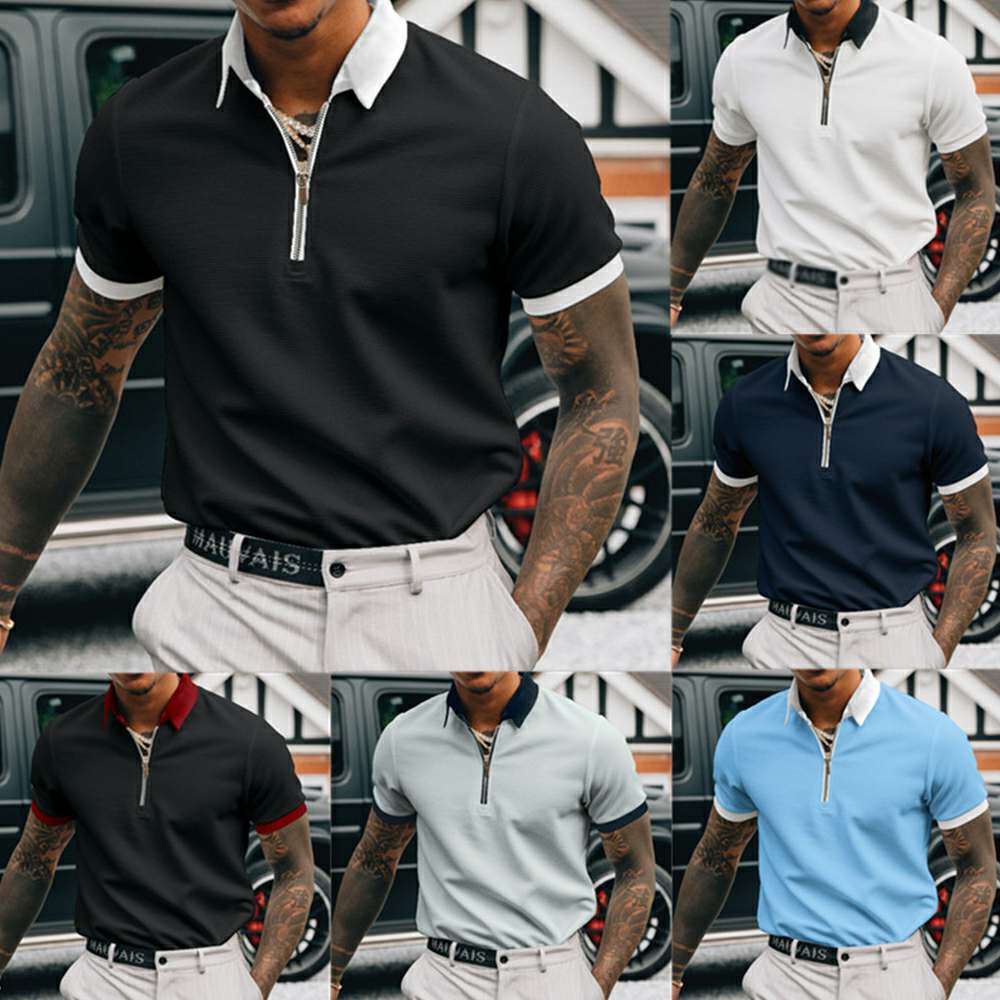 Men's Solid Color Zipper Lapel Polo T-Shirt