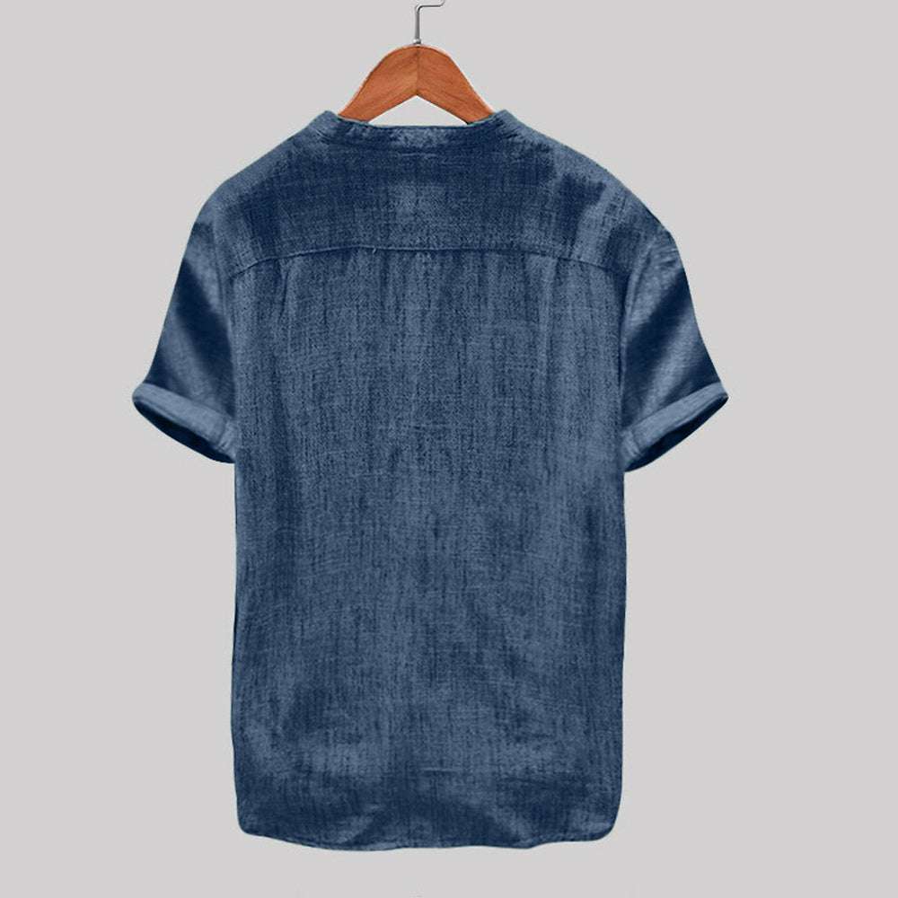 Men's stand collar short sleeve cotton linen shirt