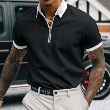 Men's Solid Color Zipper Lapel Polo T-Shirt