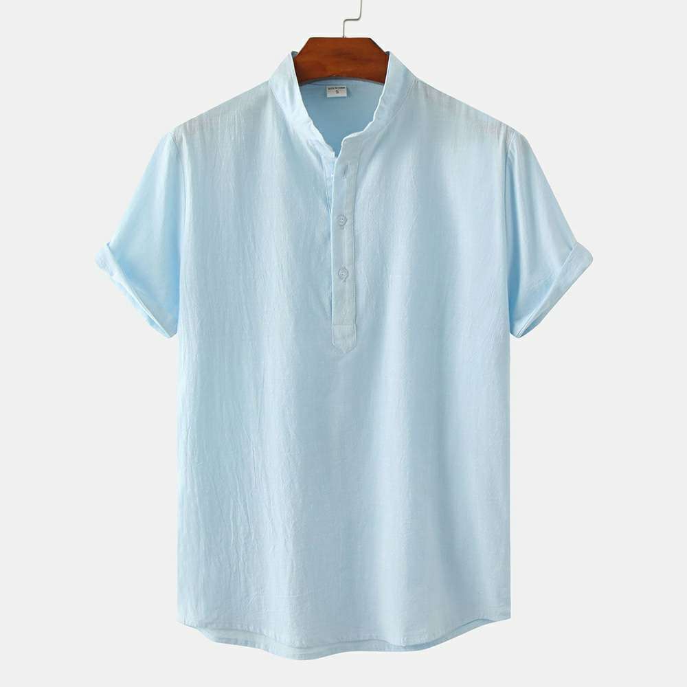 Cotton Linen Stand Collar Casual Short Sleeve Shirt Beach T-Shirt Cotton Linen Stand Collar Casual Short Sleeve Shirt Beach T-Shirt