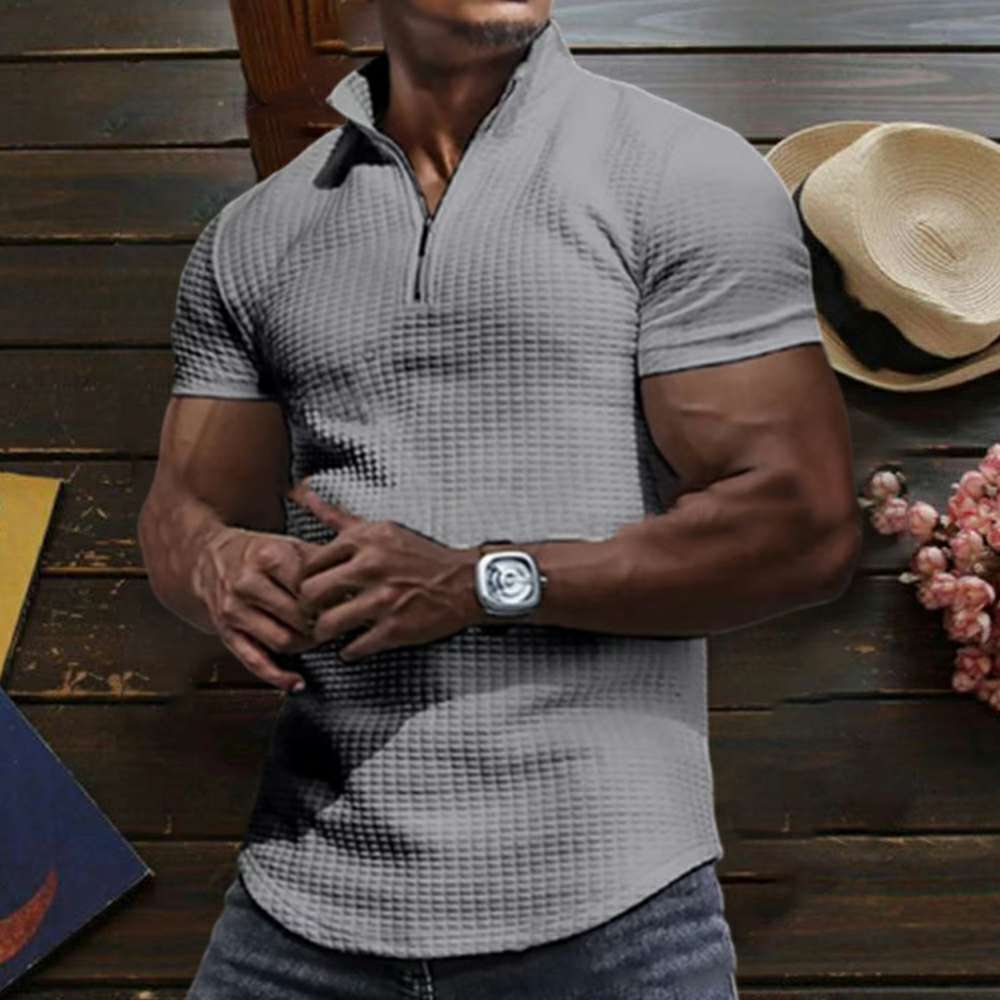 Men's Summer Breathable Solid Color Short Sleeve Zipper Waffle Polo Shirt P1104 Men's Summer Breathable Solid Color Short Sleeve Zipper Waffle Polo Shirt P1104