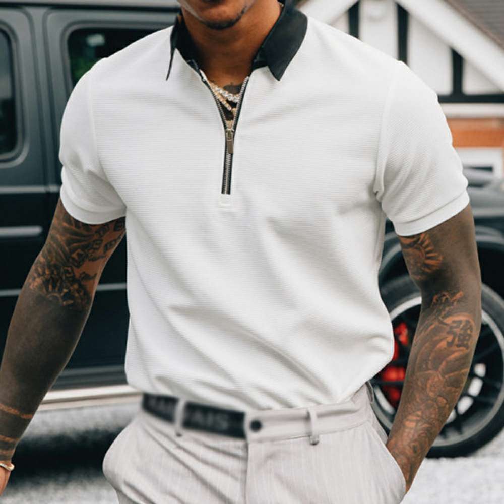 Men's Solid Color Zipper Lapel Polo T-Shirt