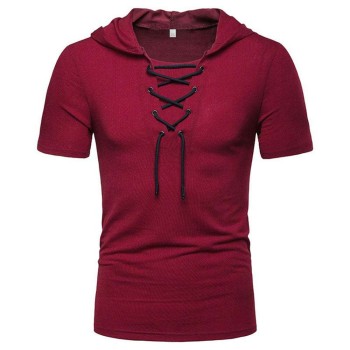 Lace-up short-sleeved hooded T-shirt P1055