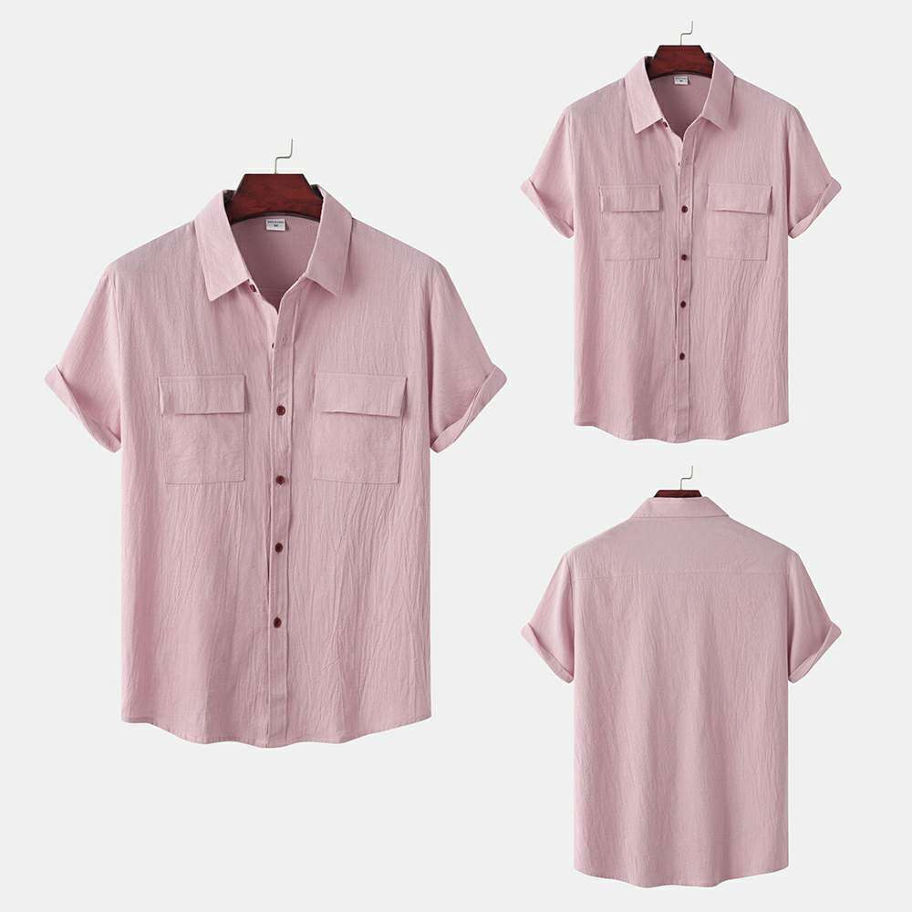 Solid color double pocket linen short sleeve shirt for men Solid color double pocket linen short sleeve shirt for men