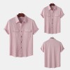 Solid color double pocket linen short sleeve shirt for men Solid color double pocket linen short sleeve shirt for men