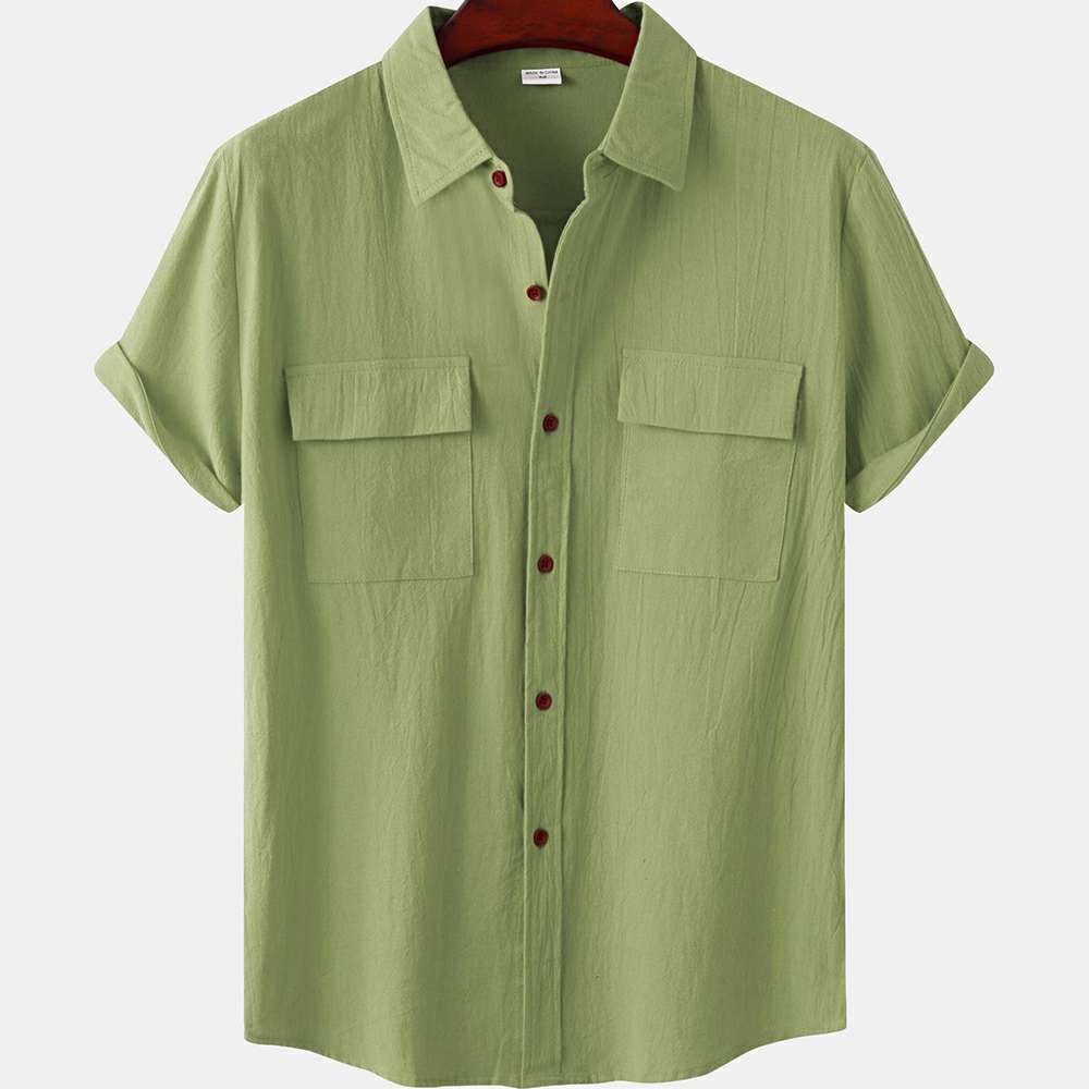 Solid color double pocket linen short sleeve shirt for men Solid color double pocket linen short sleeve shirt for men