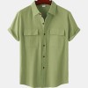 Solid color double pocket linen short sleeve shirt for men Solid color double pocket linen short sleeve shirt for men