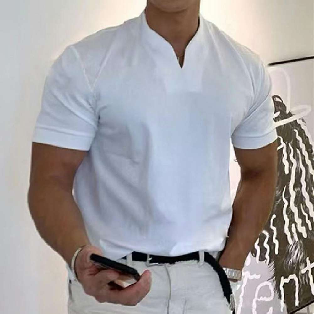 Men's Solid Color V-Neck Slim Fit Short Sleeve