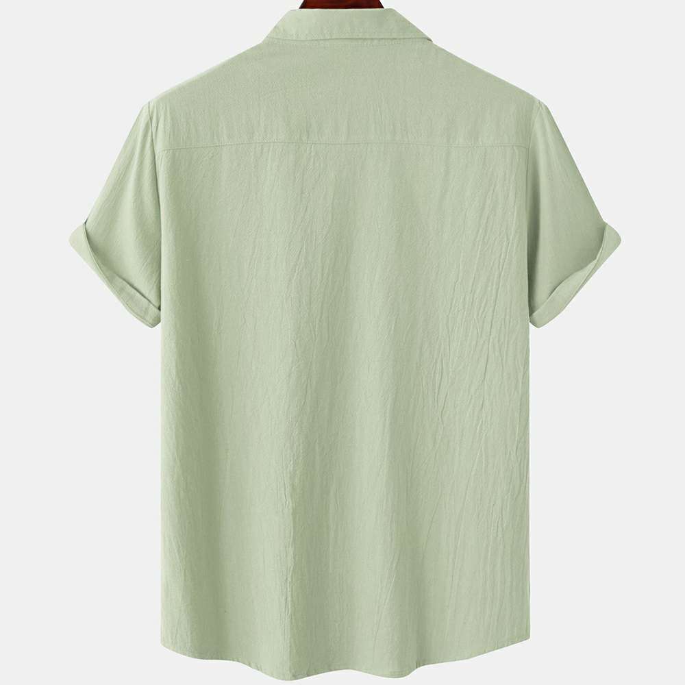 Solid color double pocket linen short sleeve shirt for men Solid color double pocket linen short sleeve shirt for men