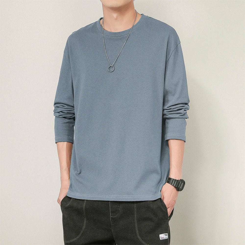 Men's basic solid color cotton round neck loose long-sleeved bottoming shirt