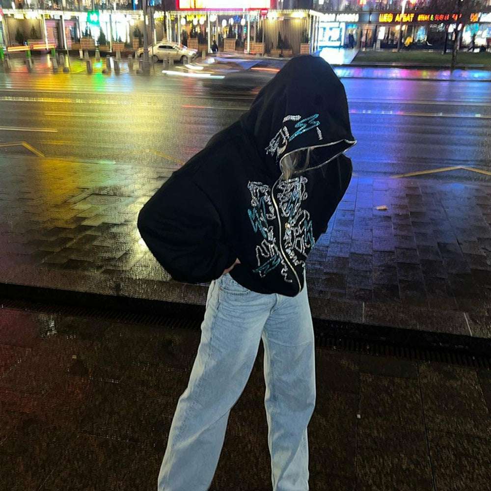 Rhinestone Skull Zip-Up Oversized Coat P1212