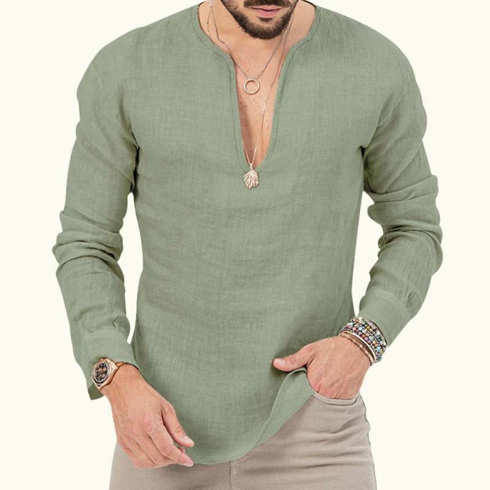 Cotton linen deep v-neck solid color large size long-sleeved T-shirt shirt Cotton linen deep v-neck solid color large size long-sleeved T-shirt shirt