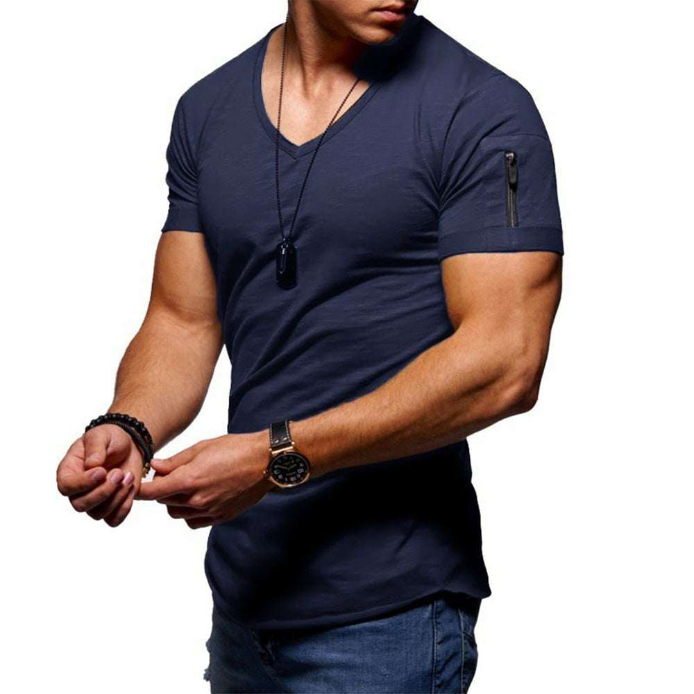 Men's Zipper Short Sleeve V-Neck T-Shirt