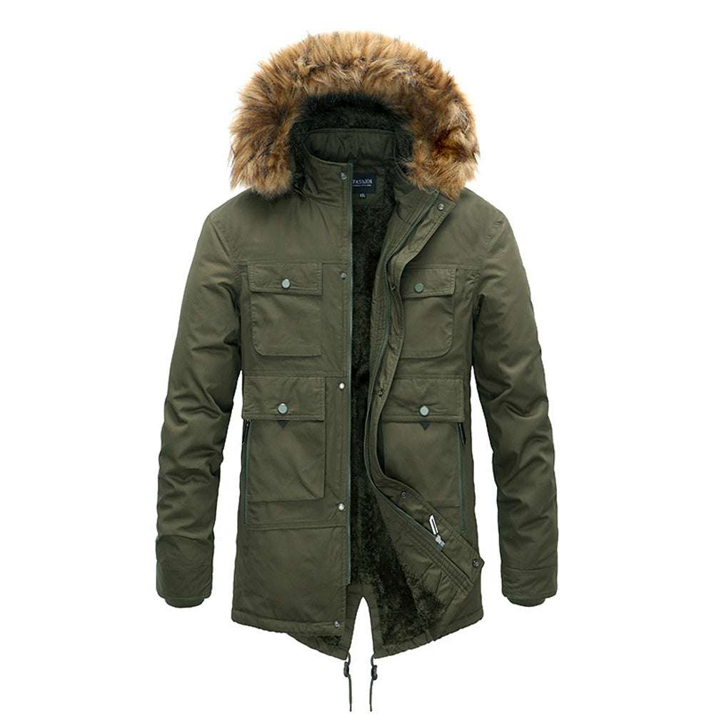 Winter new hooded men's thickened fur collar cotton coat
