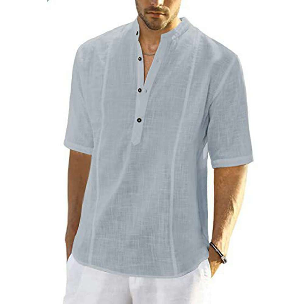 Cotton Linen Stand Collar Button Short Sleeve Shirt P1050 Cotton Linen Stand Collar Button Short Sleeve Shirt P1050