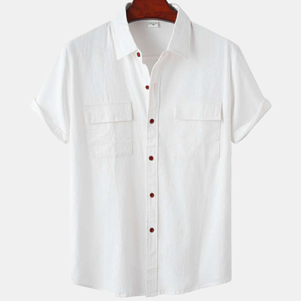 Solid color double pocket linen short sleeve shirt for men Solid color double pocket linen short sleeve shirt for men