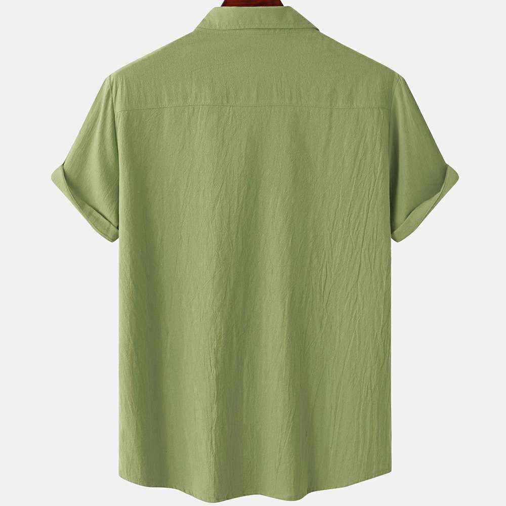 Solid color double pocket linen short sleeve shirt for men Solid color double pocket linen short sleeve shirt for men