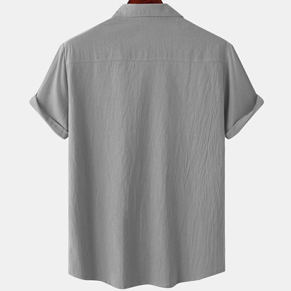 Solid color double pocket linen short sleeve shirt for men Solid color double pocket linen short sleeve shirt for men