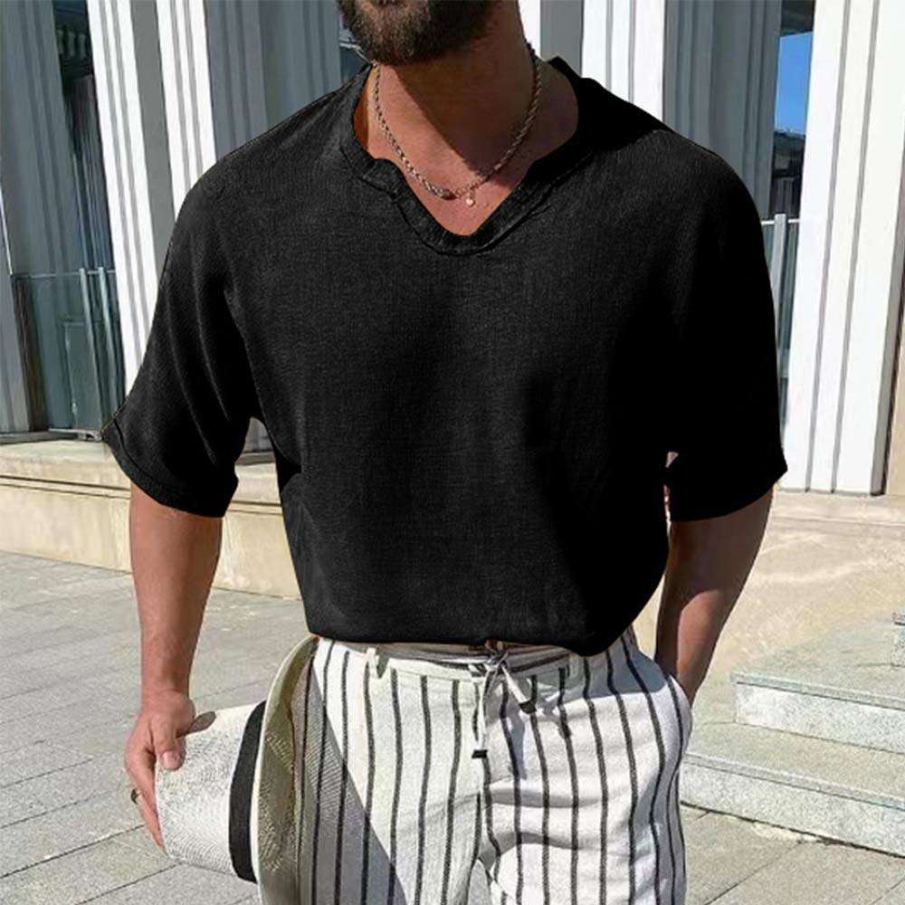 Summer new men's solid color V-neck cotton and linen short sleeves Summer new men's solid color V-neck cotton and linen short sleeves