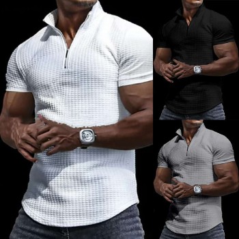 Men's Summer Breathable Solid Color Short Sleeve Zipper Waffle Polo Shirt P1104