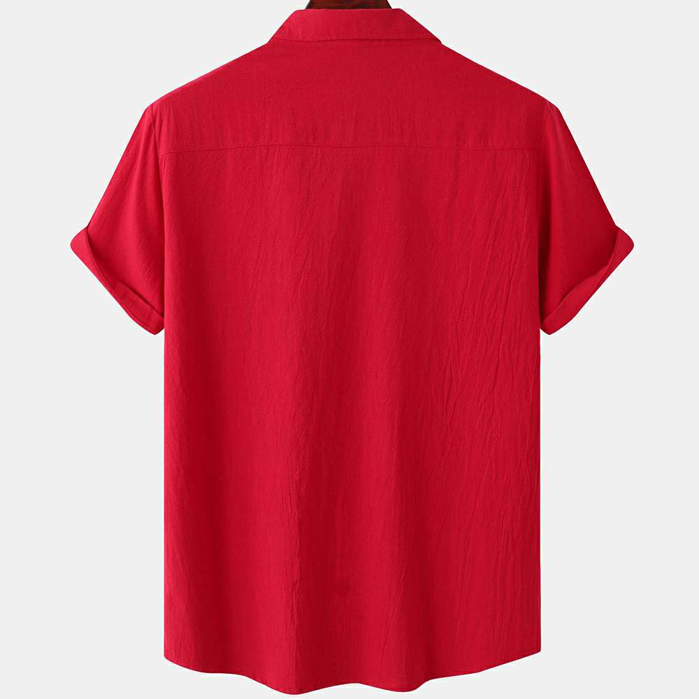 Solid color double pocket linen short sleeve shirt for men Solid color double pocket linen short sleeve shirt for men