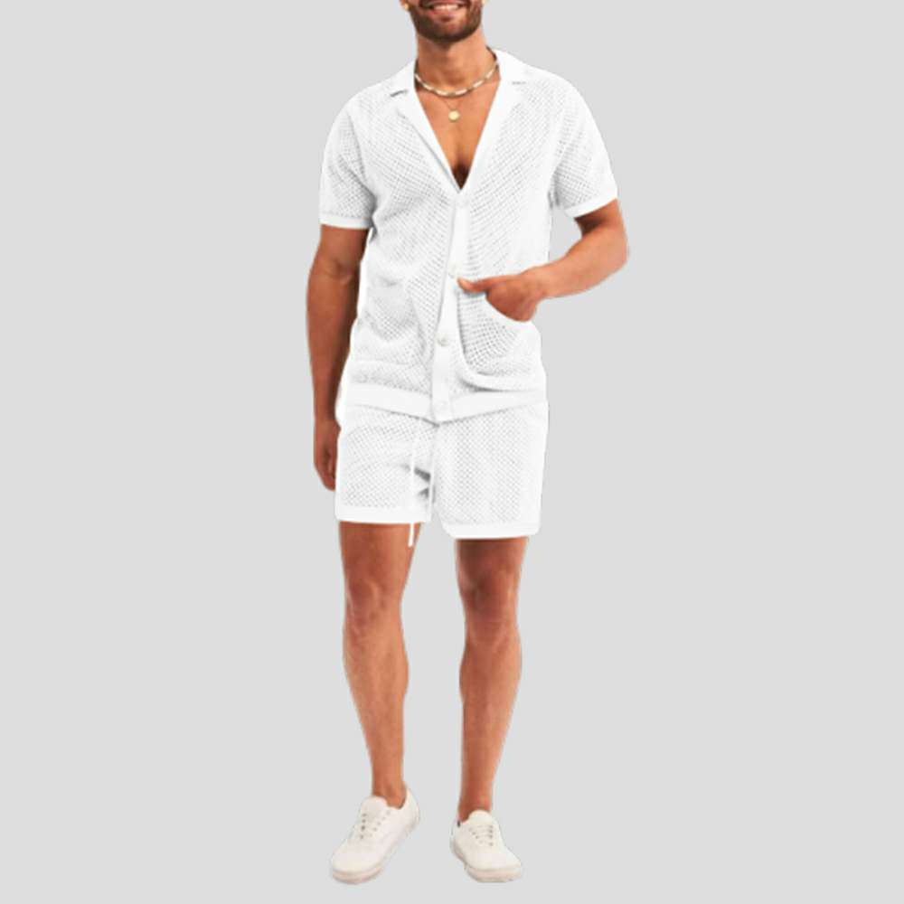 Summer new men's hollow icy breathable casual thin short-sleeved shorts suit Summer new men's hollow icy breathable casual thin short-sleeved shorts suit