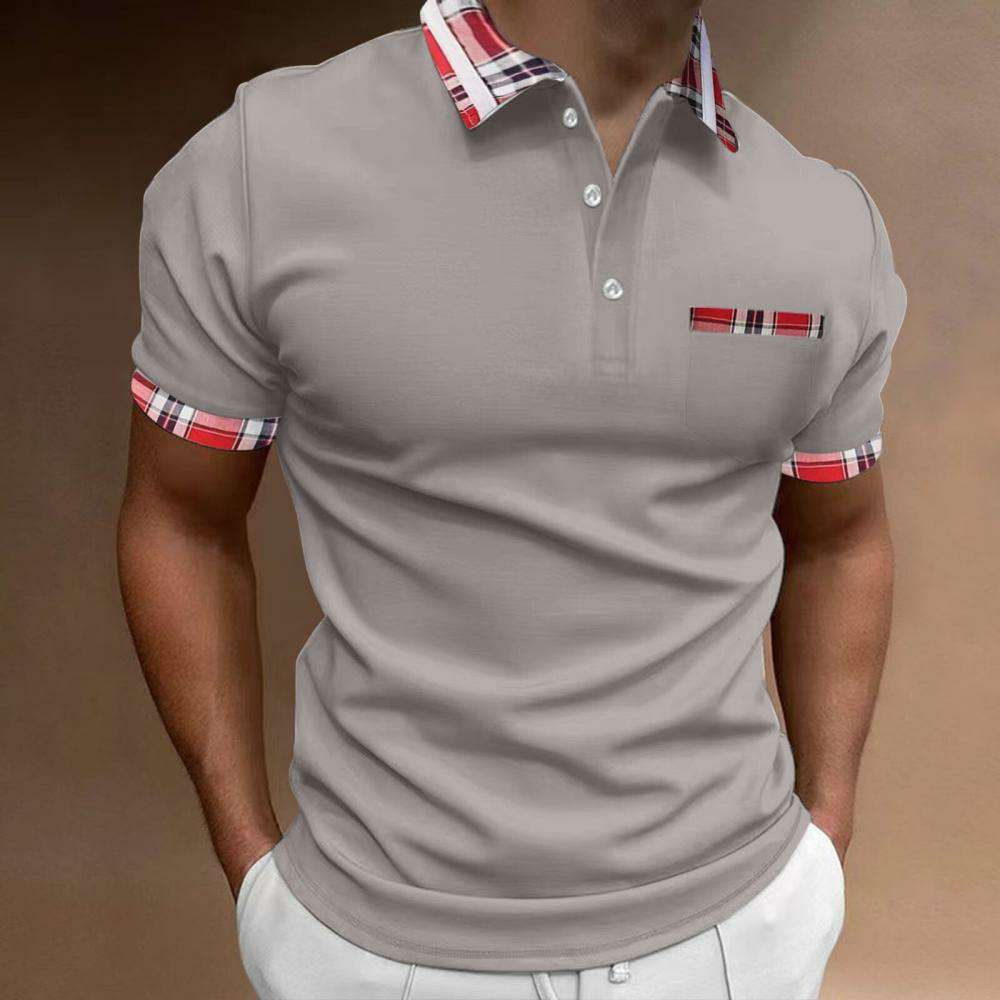 Men's short sleeve polo shirt with check and color block pattern P1043