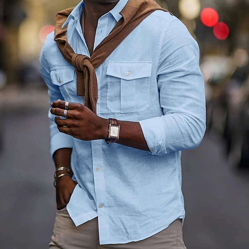 New Men's Solid Color Cotton Lapel Pocket Shirt